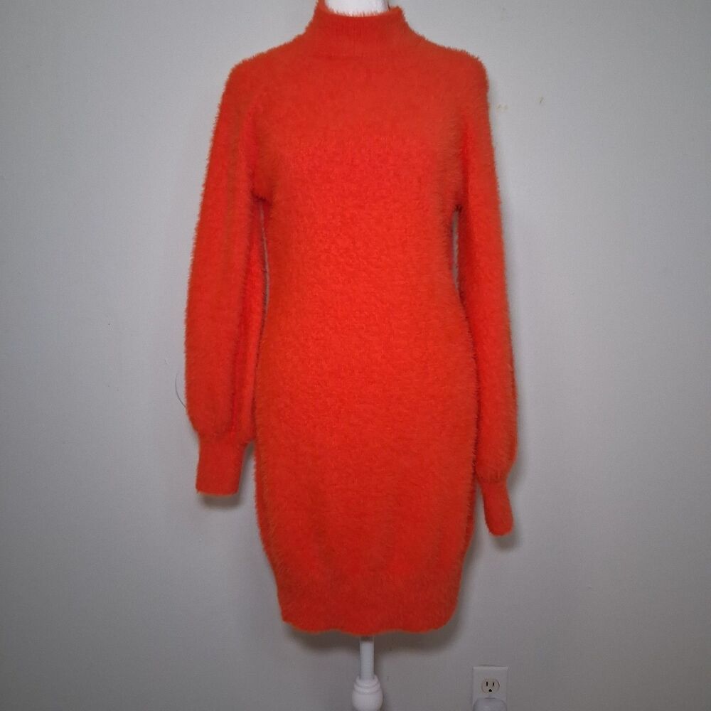 Fuzzy Orange Puff Sleeve Sweater Dress Sz M Cozy Soft Fun Velma  (Scooby-doo)